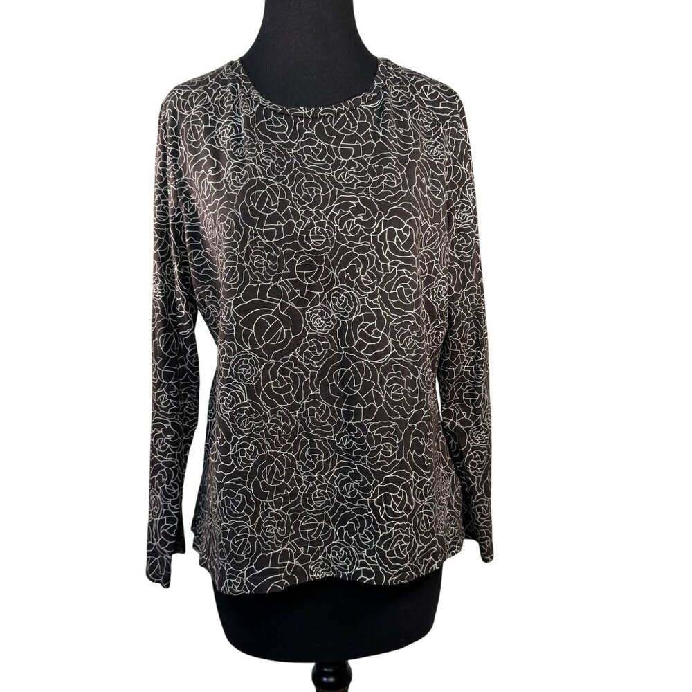 Liz Claiborne Womens Floral Long Sleeve Top XL Black & White Cotton/Spandex